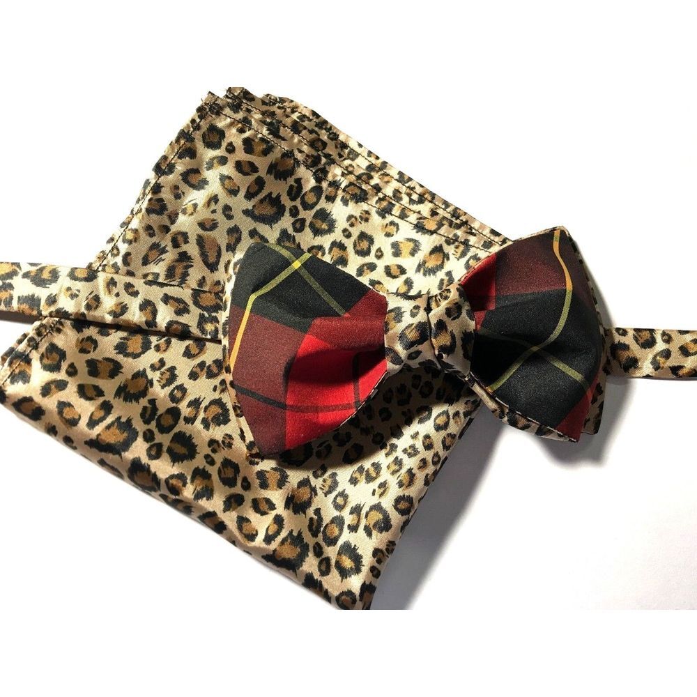 Custom Men's‎ Bow Tie & Handkerchief Set Leopard Red plaid Pre-tied Adjustable